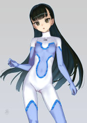 Rule 34 | 1girl, :o, black hair, blue bodysuit, blue hair, bodysuit, breasts, brown eyes, cameltoe, colored inner hair, contrapposto, cowboy shot, female focus, gradient hair, grey background, hand up, head tilt, highres, kawakami rokkaku, long hair, looking at viewer, multicolored hair, parted lips, sasa kazamori, signature, simple background, small breasts, solo, standing, un-go, very long hair