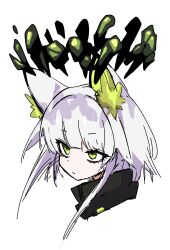 Rule 34 | 1girl, animal ears, arknights, cat ears, collar, dr yamero, green eyes, green hair, headshot, highres, kal&#039;tsit (arknights), kal&#039;tsit (remnant) (arknights), object floating above hand, rock, short hair, simple background, solo, white background, white hair