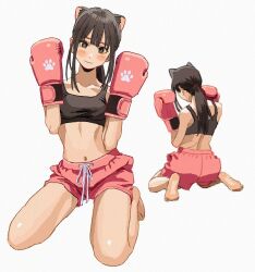 Rule 34 | 1girl, animal ears, baggy shorts, blush, boxing gloves, breasts, brown eyes, brown hair, cat ears, character request, collarbone, from behind, full body, hair tie, hand up, head tilt, highres, light smile, long hair, looking at viewer, median furrow, multiple views, navel, pink shorts, ponytail, real life, shiren (ourboy83), shorts, sidelocks, simple background, sitting, small breasts, solo, sports bra, white background