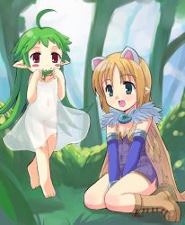 Rule 34 | 2girls, :d, age difference, ahoge, alchemist, alchemist (ragnarok online), animal ears, aqua eyes, armlet, bare arms, barefoot, between legs, blonde hair, blush, blush stickers, boots, bracelet, breasts, bush, cape, cat ears, cleavage, day, detached sleeves, dress, eating, feet, flat chest, flipped hair, floating, food, food on face, forest, full body, fur trim, grass, green hair, groin, hand between legs, happy, holding, homunculus, jewelry, lif (lif &amp; ref), lif (ragnarok online), long hair, long pointy ears, looking at viewer, multiple girls, nature, navel, nipples, no bra, no panties, on ground, open mouth, outdoors, parted bangs, pointy ears, ragnarok online, red eyes, rock, see-through, shadow, short dress, short hair, side slit, sitting, sleeveless, sleeveless dress, small breasts, smile, strapless, strapless dress, sundress, tree, very long hair