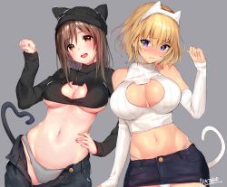 Rule 34 | 2girls, :d, animal ears, animal hat, artist name, bare shoulders, beanie, black sweater, blonde hair, blue pants, blush, bow, bow panties, breasts, brown eyes, brown hair, cat cutout, cat ears, cat hat, cat tail, cleavage, cleavage cutout, clothing cutout, commentary, contrapposto, cowboy shot, crop top, cropped sweater, denim, denim skirt, detached sleeves, embarrassed, grey background, grey panties, groin, hair between eyes, hand on own hip, hand up, hat, heart, heart in eye, jeans, large breasts, long hair, long sleeves, looking at viewer, mataro (matarou), multiple girls, navel, no bra, open fly, open mouth, original, panties, pants, paw pose, purple eyes, ribbed sweater, short hair, signature, simple background, skirt, sleeves past wrists, smile, standing, sweater, symbol in eye, tail, tareme, teeth, tongue, turtleneck, turtleneck sweater, underboob, underwear, unzipped