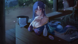 Rule 34 | 1girl, alcohol, ame 816, blue hair, blush, breasts, cleavage, commission, hair ornament, half-closed eyes, highres, huge breasts, japanese clothes, night, off shoulder, onsen, original, outdoors, parted bangs, red eyes, sagging breasts, sake, solo
