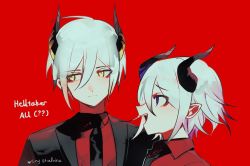 Rule 34 | 2boys, :d, black jacket, black necktie, blue eyes, brown eyes, closed mouth, collared shirt, danganronpa (series), danganronpa v3: killing harmony, demon boy, demon horns, fang, hair between eyes, helltaker, highres, horns, jacket, looking at another, male focus, medium hair, multiple boys, necktie, open clothes, open jacket, open mouth, oma kokichi, profile, red background, red shirt, rina (crystalrina), saihara shuichi, shirt, sideways glance, simple background, smile, teeth, upper teeth only, white hair