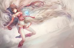 Rule 34 | 1girl, ahri (league of legends), animal ears, brown hair, covered erect nipples, gradient background, jay xu, kneehighs, league of legends, long hair, magic, multiple tails, socks, tail, yellow eyes
