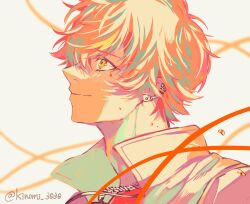 Rule 34 | 1boy, blonde hair, closed mouth, commentary request, ear piercing, earrings, find a way out (project sekai), high collar, highres, jewelry, kinomi 3030, male focus, multicolored hair, orange eyes, orange hair, piercing, project sekai, shinonome akito, short hair, solo, streaked hair, twitter username