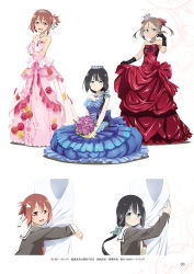 Rule 34 | 3girls, :d, black gloves, black hair, blue eyes, blue sleeves, blush, bouquet, brown eyes, brown hair, collarbone, crown, curtains, diadem, dress, evening gown, floating hair, flower, frilled dress, frills, gloves, grey shirt, hair ornament, hair ribbon, hairclip, highres, holding, holding bouquet, jewelry, layered dress, long dress, long hair, long sleeves, looking at viewer, mini crown, miyoshi karin, multiple girls, necklace, official art, one side up, open mouth, pink sleeves, purple flower, purple rose, red dress, ribbon, rose, sailor collar, shiny clothes, shirt, short hair, sidelocks, skirt hold, sleeveless, sleeveless dress, smile, strapless, strapless dress, striped clothes, striped shirt, tougou mimori, white background, white ribbon, white sailor collar, yuuki yuuna, yuuki yuuna wa yuusha de aru, yuusha de aru