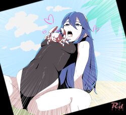 Rule 34 | 1girl, alternate costume, black one-piece swimsuit, blue eyes, blue hair, breasts, covered navel, crab, emphasis lines, fire emblem, fire emblem awakening, hairband, heart, highleg, highleg swimsuit, highres, long hair, lucina (fire emblem), nintendo, one-piece swimsuit, open mouth, r3dfive, saliva, small breasts, solo, spread legs, swimsuit, watermark