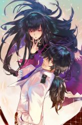 Rule 34 | 1boy, 1girl, black hair, fate/grand order, fate (series), floating, gloves, hair over one eye, hat, highres, long hair, long sleeves, ohland, oryou (fate), ponytail, red eyes, sakamoto ryouma (fate), scarf, v, very long hair, white gloves
