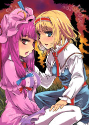 Rule 34 | 2girls, alice margatroid, blonde hair, blue eyes, blunt bangs, bow, breasts, covered erect nipples, crescent, hair bow, hairband, hand on another&#039;s thigh, hat, heavy breathing, looking at viewer, medium breasts, mob cap, multiple girls, patchouli knowledge, purple eyes, purple hair, sitting, small breasts, tongue, tongue out, touhou, twilight, white legwear, yuri, yuu (kfc)