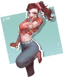 Rule 34 | 1girl, :d, abeja, arm at side, artist name, bangle, belt, belt buckle, blue pants, bracelet, breasts, brown eyes, brown hair, buckle, character name, cleavage, collarbone, cowboy shot, cruiser d.va, d.va (overwatch), earrings, eyelashes, fingernails, foreshortening, front-tie top, glint, grey choker, head scarf, headphones, hoop earrings, jewelry, leg up, legs together, long fingernails, long hair, looking at viewer, medium breasts, nail polish, official alternate costume, open mouth, overwatch, overwatch 1, pants, pink lips, plaid, plaid shirt, pointing, pointing at viewer, ponytail, red footwear, red lips, red nails, red shirt, shirt, shoes, short sleeves, signature, smile, solo, standing, standing on one leg, swept bangs, teeth, tight clothes, tight pants, white belt