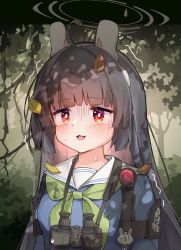 Rule 34 | 1girl, ahoge, animal ears, binoculars, black hair, blue archive, breasts, e-note, forest, halo, highres, leaf, long hair, miyu (blue archive), nature, open mouth, outdoors, rabbit ears, red eyes, scared, school uniform, small breasts, tree