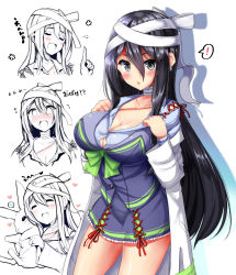 Rule 34 | 1girl, absurdres, animal, animal ears, bandages, bandaged head, bandaged neck, bandages, blue jacket, blue skirt, blush, bow, breasts, rabbit ears, buttons, cleavage, coat, cowboy shot, embarrassed, closed eyes, flying sweatdrops, green bow, hair bow, highres, holding, holding animal, ice cream mad labo, index finger raised, jacket, lab coat, large breasts, looking at viewer, miniskirt, mokufuu, multiple views, off shoulder, open clothes, open coat, open mouth, seika michi, simple background, skirt, smile, stitches, torn clothes, virtual youtuber, white background, white bow, white coat