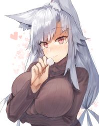 Rule 34 | 1girl, animal ear fluff, animal ears, arm under breasts, bad id, bad pixiv id, blush, breasts, brown sweater, commentary request, floral background, fox ears, hand up, heart, holding, huge breasts, long hair, long sleeves, looking at viewer, mimikaki, original, red eyes, ribbed sweater, silver hair, simple background, smile, solo, suminagashi, sweater, turtleneck, turtleneck sweater, upper body, white background