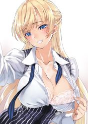 Rule 34 | 1girl, :d, blonde hair, blue eyes, blue necktie, blush, bra, breasts, buttons, cleavage, eyebrows, head tilt, high-waist skirt, lace, lace-trimmed bra, lace trim, large breasts, lingerie, long hair, looking at viewer, matsuryuu, mayuri mariani, necktie, open clothes, open mouth, open shirt, original, reaching, reaching towards viewer, selfie, shirt, shirt tug, simple background, skirt, smile, solo, striped clothes, striped necktie, striped neckwear, striped skirt, suspender skirt, suspenders, teasing, teeth, unbuttoned, underbust, underwear, upper body, vertical-striped clothes, vertical-striped skirt, very long hair, white background, white bra, white shirt, wing collar