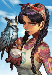 Rule 34 | 1girl, ahoge, arm tattoo, bare shoulders, bird, bird on hand, black hair, blouse, blue eyes, blue sky, braid, brown gloves, cloud, collarbone, earrings, fortnite, freckles, full-body tattoo, gloves, goggles, goggles on head, hair tie, hungry clicker, jewelry, jules (fortnite), logo, looking at viewer, mechanical bird, neck tattoo, nose piercing, nose ring, owl, piercing, print shirt, purple lips, shirt, shoulder tattoo, sky, solo, tank top, tattoo, twin braids, twintails, white shirt