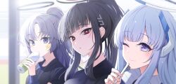 Rule 34 | 3girls, absurdres, black hair, black shirt, blue archive, blush, bottle, drinking, drinking straw, grey hair, hair ornament, hairclip, halo, highres, holding, holding bottle, jacket, long hair, looking at viewer, multiple girls, noa (blue archive), official alternate costume, one eye closed, ponytail, purple eyes, purple hair, red eyes, rio (blue archive), shirt, sidelocks, smile, sticker on face, track jacket, white jacket, yuki (asayuki101), yuuka (blue archive), yuuka (track) (blue archive)