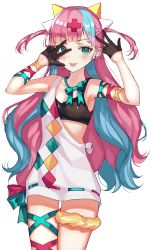 Rule 34 | 1girl, absurdres, aqua bow, aqua bowtie, aqua eyes, aqua hair, armpits, bad id, bad pixiv id, bare shoulders, black gloves, bow, bowtie, cowboy shot, cross hair ornament, double w, dress, gloves, hair ornament, hands up, highres, long hair, looking at viewer, multicolored hair, pink hair, pinky pop hepburn, ribbon, shaffelli, simple background, single strap, sleeveless, sleeveless dress, smile, solo, the moon studio, tongue, tongue out, two-tone hair, two side up, v-shaped eyebrows, very long hair, virtual youtuber, w, white background, white dress, wrist ribbon