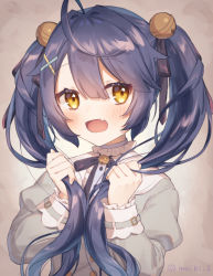 Rule 34 | 1girl, ahoge, amamiya kokoro, bell, black ribbon, blue hair, blush, buttons, commentary request, dot nose, double-breasted, dress, fang, grey dress, hair bell, hair ornament, hair ribbon, highres, holding, holding own hair, long hair, long sleeves, looking at viewer, meibi 1, neck bell, nijisanji, open mouth, ribbon, skin fang, smile, solo, twintails, twitter username, upper body, virtual youtuber, x hair ornament, yellow eyes