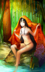 Rule 34 | 1girl, bamboo, bamboo forest, bandages, bare legs, bare shoulders, barefoot, black hair, breasts, forest, highres, long hair, long legs, looking at viewer, narongchai singhapand, nature, navel, readman, red eyes, rock, sitting, small breasts, smile, soaking feet, solo, very long hair, water