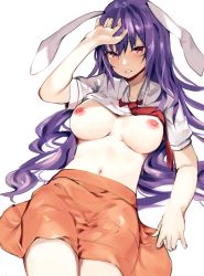 Rule 34 | 1girl, animal ears, arm support, asuzemu, blush, breasts, clothes lift, collarbone, commentary request, cowboy shot, hair between eyes, hand up, large breasts, long hair, looking at viewer, lying, miniskirt, navel, necktie, nipples, on back, orange skirt, parted lips, purple hair, rabbit ears, red eyes, red necktie, reisen udongein inaba, shirt, shirt lift, short sleeves, simple background, skirt, solo, stomach, teeth, thighs, touhou, very long hair, white background, white shirt, wing collar