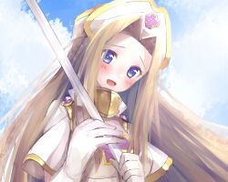 Rule 34 | 1girl, blonde hair, blue eyes, blue sky, capelet, cloud, commentary request, cross print, gloves, hat, holding, holding staff, light blush, long hair, mint adenade, nurse cap, open mouth, parted bangs, sky, smile, solo, staff, straight hair, sunlight, tales of (series), tales of phantasia, upper body, usamata, white capelet, white gloves, white hat