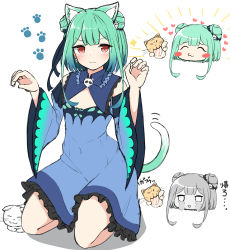 Rule 34 | 1girl, :3, absurdres, animal, animal ear fluff, animal ears, black ribbon, blue dress, blue sleeves, blush stickers, cat, cat ears, cat girl, cat tail, claw pose, closed eyes, closed mouth, covered navel, crying, detached sleeves, dress, earrings, frilled dress, frills, green hair, hair ornament, hair ribbon, hands up, heart, highres, hololive, jewelry, kemonomimi mode, long hair, long sleeves, looking at viewer, moyoron, multiple views, parted lips, red eyes, ribbon, seiza, shadow, sidelocks, sitting, skull earrings, skull hair ornament, sleeveless, sleeveless dress, smile, streaming tears, tail, tears, uruha rushia, uruha rushia (1st costume), v-shaped eyebrows, virtual youtuber, white background, wide sleeves