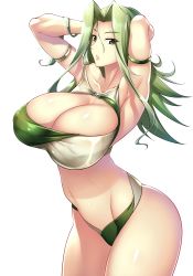 Rule 34 | 1girl, absurdres, arm strap, arms behind head, bikini, breasts, cleavage, collarbone, green eyes, green hair, haganef, hair between eyes, hair strand, highres, huge breasts, lamia loveless, leaning forward, long hair, looking at viewer, midriff, navel, official alternate costume, parted lips, solo, super robot wars, super robot wars original generation, super robot wars x-omega, swimsuit, white background
