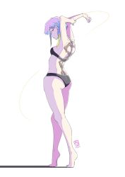 Rule 34 | 1girl, ass, automatic giraffe, bare shoulders, bra, breasts, cyberpunk (series), cyberpunk edgerunners, facepaint, highres, looking at viewer, lucy (cyberpunk), monowire, multicolored eyes, multicolored hair, panties, red lips, solo, tiptoes, underwear, white background