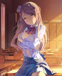 Rule 34 | 10s, 1girl, bad id, bad pixiv id, bow, bowtie, breasts, brown hair, classroom, cleavage, desk, g.g.lemon, highres, long hair, looking at viewer, love live!, love live! school idol project, minami kotori, one side up, plaid, plaid skirt, school, school uniform, skirt, smile, solo, undressing, yellow eyes