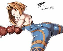 Rule 34 | 1girl, ass, bare shoulders, blonde hair, breasts, closed mouth, final fantasy, final fantasy tactics, gauntlets, gloves, large breasts, monk (fft), short hair, sideboob, simple background, solo, tukiwani, unitard, white background