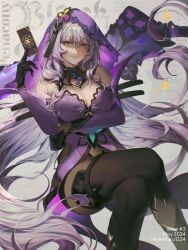 Rule 34 | 1girl, 2024, absurdres, arm under breasts, armpit crease, bare shoulders, black collar, black gloves, black pantyhose, black swan (honkai: star rail), boots, breasts, card, cleavage, collar, commentary, crossed legs, dated, detached sleeves, dress, english commentary, english text, feet out of frame, gloves, hair between eyes, halterneck, heikokuru1224, highres, holding, holding card, honkai: star rail, honkai (series), large breasts, long hair, looking at viewer, orange eyes, pantyhose, purple dress, purple sleeves, purple veil, shade, sitting, smile, solo, thigh boots, very long hair