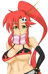 Rule 34 | 00s, 1girl, :o, bikini, breasts, hand on own hip, large breasts, long hair, madarame, ponytail, red hair, scarf, short shorts, shorts, simple background, solo, striped clothes, striped scarf, swimsuit, tengen toppa gurren lagann, underboob, white background, yellow eyes, yoko littner