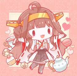 Rule 34 | 1girl, ahoge, black thighhighs, brown hair, chibi, commentary request, cookie, cup, cupcake, double bun, food, hair bun, headgear, heart, highres, japanese clothes, kantai collection, kongou (kancolle), long hair, macaron, nada namie, nontraditional miko, open mouth, outstretched arms, ribbon-trimmed sleeves, ribbon trim, signature, skirt, solo, teacup, teapot, thighhighs, wide sleeves