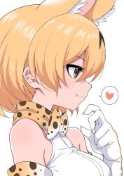 Rule 34 | 1girl, animal ear fluff, animal ears, bare shoulders, blonde hair, bow, bowtie, commentary request, elbow gloves, extra ears, fang, fang out, gloves, hair between eyes, heart, kemono friends, print bow, print bowtie, print gloves, print neckwear, profile, ransusan, serval (kemono friends), serval print, shirt, short hair, sleeveless, solo, spoken heart, traditional bowtie, upper body, white shirt, yellow eyes