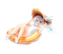 Rule 34 | 10s, 1girl, aqua eyes, bare legs, barefoot, breasts, feet, flower, granblue fantasy, hat, hat flower, holding, holding clothes, holding hat, innertube, lily (granblue fantasy), looking at viewer, one-piece swimsuit, partially submerged, reclining, school swimsuit, small breasts, smile, solo, straw hat, sun hat, swim ring, swimsuit, uro (uro zi), wet, white hair, white one-piece swimsuit, white school swimsuit