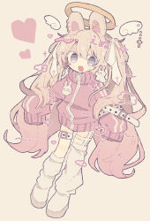 Rule 34 | 1girl, angel wings, animal, animal ears, animal on shoulder, blonde hair, blue eyes, borrowed character, brown background, cloud, commentary, gradient hair, halo, head wings, heart, highres, jacket, kanato345, leg warmers, long hair, long sleeves, looking at viewer, multicolored hair, open mouth, original, pink jacket, rabbit, rabbit ears, rabbit girl, simple background, sleeves past fingers, sleeves past wrists, smile, sparkle, thigh strap, track jacket, very long hair, white footwear, white leg warmers, wings