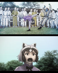Rule 34 | 10s, 1girl, animal ears, black hair, brown eyes, bruce lee, cellien (kemono friends), chromatic aberration, commentary request, common raccoon (kemono friends), day, dougi, enter the dragon, grey hair, highres, kemono friends, martial arts, multicolored hair, multiple boys, open mouth, outdoors, raccoon ears, raccoon tail, short hair, short sleeves, tail, ueyama michirou