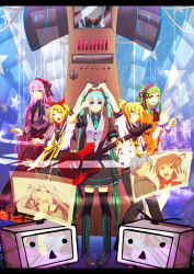 Rule 34 | 2boys, 6+girls, aaa (seiga3782283), absurdres, ahoge, arm up, belt, blonde hair, blue eyes, boots, brother and sister, cross-laced footwear, drumsticks, electric guitar, green hair, guitar, gumi, hair ornament, hair ribbon, hairclip, hatsune miku, highres, ia (vocaloid), instrument, kagamine len, kagamine rin, kaito (vocaloid), knee boots, lace-up boots, letterboxed, long hair, megaphone, megurine luka, meiko (vocaloid), microphone, multiple boys, multiple girls, necktie, niconico, orange eyes, outstretched arm, pigeon-toed, purple hair, ribbon, sailor collar, short hair, siblings, skirt, smile, star (symbol), thighhighs, twintails, very long hair, vocaloid, wrist cuffs