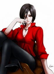 Rule 34 | 1girl, ada wong, black hair, black pantyhose, breasts, brown eyes, cross, cross necklace, esther shen, high heels, highres, jewelry, medium breasts, necklace, one eye closed, pantyhose, resident evil, resident evil 6, shirt, short hair, sitting, sleeves pushed up, solo, unbuttoned