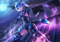 Rule 34 | 10s, 1girl, armor, bad id, bad pixiv id, black gloves, blue hair, dutch angle, elbow gloves, eyepatch, frame arms girl, gloves, gluteal fold, headgear, jinrai (frame arms girl), knife, kunai, leotard, long hair, looking at viewer, mecha musume, momoto, moon, night, open mouth, outdoors, ponytail, purple eyes, reverse grip, rooftop, solo, spread legs, standing, teeth, throwing, tile roof, weapon