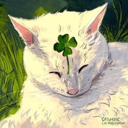 Rule 34 | absurdres, animal, animal focus, artist name, cat, catwheezie, closed eyes, clover, four-leaf clover, grass, highres, no humans, original, portrait, watermark