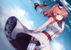 Rule 34 | 10s, 1girl, blue eyes, blue sky, breast pocket, breasts, cloud, cloudy sky, day, drum magazine, funnels (gundam), garter straps, highres, kantai collection, large breasts, long hair, looking at viewer, magazine (weapon), mku, neckerchief, pocket, ponytail, red neckerchief, saratoga (kancolle), scarf, sky, smile, smokestack, solo, wind, wind lift