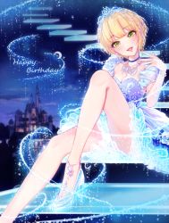 Rule 34 | 1girl, anklet, blonde hair, blush, breasts, choker, cinderella, cinderella (cosplay), cleavage, cosplay, dress, floating stairs, glass slipper, gown, green eyes, happy birthday, high heels, highres, idolmaster, idolmaster cinderella girls, jewelry, looking at viewer, magako, miyamoto frederica, necklace, open mouth, short hair, sitting, smile, solo, stairs, text focus, tiara
