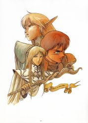 Rule 34 | 1990s (style), 1girl, 2boys, absurdres, armor, artbook, blonde hair, cecil, copyright name, deedlit, elf, highres, male focus, multiple boys, parn (lodoss), pointy ears, record of lodoss war, retro artstyle, robe, staff, wizard