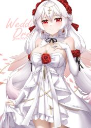 Rule 34 | 1girl, absurdres, artist name, bare shoulders, blush, breasts, bridal veil, chinese commentary, cleavage, closed mouth, cowboy shot, cross, cross earrings, detached collar, detached sleeves, dress, earrings, english text, flower, hair between eyes, hair flower, hair ornament, hand on own chest, highres, honkai (series), honkai impact 3rd, jewelry, large breasts, long hair, looking at viewer, theresa apocalypse (luna kindred), official alternate costume, red eyes, red flower, red rose, ribbon, rose, simple background, skirt hold, smile, solo, strapless, strapless dress, theresa apocalypse, theresa apocalypse (luna kindred), theresa apocalypse (lunar vow: crimson love), twintails, veil, wedding dress, white background, white dress, white hair, yan (unicorn404)