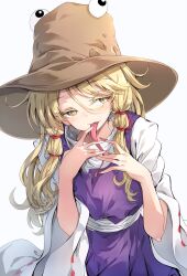Rule 34 | 1girl, blonde hair, commentary request, darjeeling (reley), fingernails, hair ribbon, hat, highres, long fingernails, long hair, long sleeves, looking at viewer, moriya suwako, open mouth, parted bangs, purple skirt, purple vest, revision, ribbon, sash, shirt, sidelocks, simple background, skirt, skirt set, sleeves past wrists, smile, solo, tongue, tongue out, touhou, turtleneck, vest, white background, white shirt, wide sleeves, yellow eyes