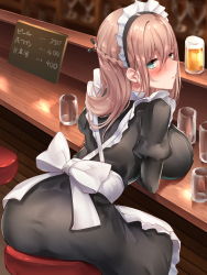 Rule 34 | 1girl, absurdres, alcohol, apron, arched back, ass, beer, beer mug, blush, braid, breast rest, breasts, brown hair, cup, da-maid-san wa aisaretai!, drinking glass, drunk, female focus, french braid, frills, from behind, green eyes, hair between eyes, highres, indoors, large breasts, legs, long hair, looking back, maid, maid headdress, mug, original, osisio, parted lips, sitting, solo, stool, thighs