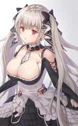 Rule 34 | 1girl, absurdres, azur lane, between breasts, black dress, bow, breasts, cleavage, collarbone, commentary request, detached collar, dress, earrings, formidable (azur lane), frilled dress, frills, gradient background, hair bow, highres, jewelry, large breasts, long hair, long sleeves, looking at viewer, parted lips, ponta (velmar), red eyes, sidelocks, silver hair, solo, twintails, upper body, very long hair, white background