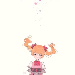 Rule 34 | 1girl, aisaki emiru, aoi tete, artist name, blunt bangs, bow, bowtie, brown hair, commentary, dress, frilled sleeves, frills, hair bow, half-closed eyes, highres, hugtto! precure, long hair, looking at viewer, medium hair, petals, pink dress, precure, red bow, red bowtie, red eyes, short sleeves, signature, solo, twintails, white background