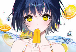 Rule 34 | 1girl, absurdres, bad id, bad pixiv id, bare shoulders, blue hair, food, fruit, highres, looking at viewer, nolma7, open mouth, orange (fruit), orange eyes, original, popsicle, portrait, short hair, signature, simple background, solo, star (symbol), water, water drop, white background